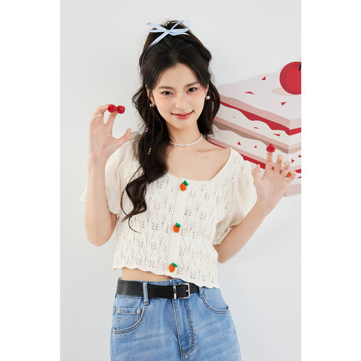 【严选】诗凡黎白色方领镂空针梭拼针织衫2024夏新款设计感流行上衣女SF4330771 商品图0