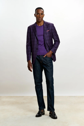 Scabal Mosaic Super 130's 澳洲美丽诺羊毛紫色格纹全麻衬单西