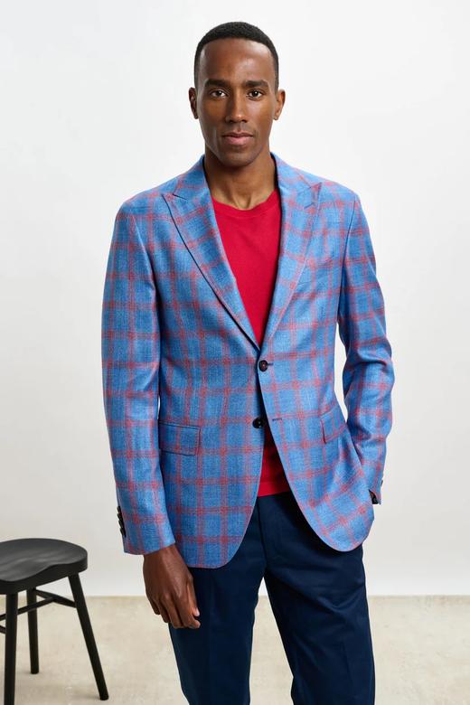 Scabal Taormina 陶尔米纳 Bamboo Viscose 竹纤维蓝色红色格纹全麻衬单西 商品图0