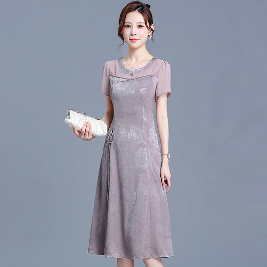 QYM-M448夏装紫色连衣裙短袖时尚新款中式印花裙中长款休闲裙 商品图0