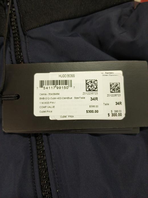 瑕疵HUGO BOSS/胡戈波士 男士黑标纯色可拆卸连帽商务休闲夹克外套 商品图3