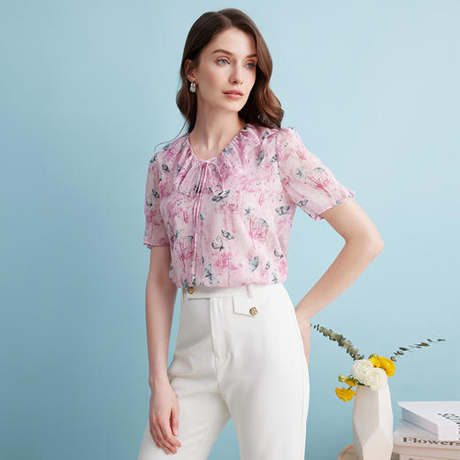 EITIE爱特爱夏季新款浪漫印花少女感V领系带直筒雪纺衫上衣B2413306 商品图2