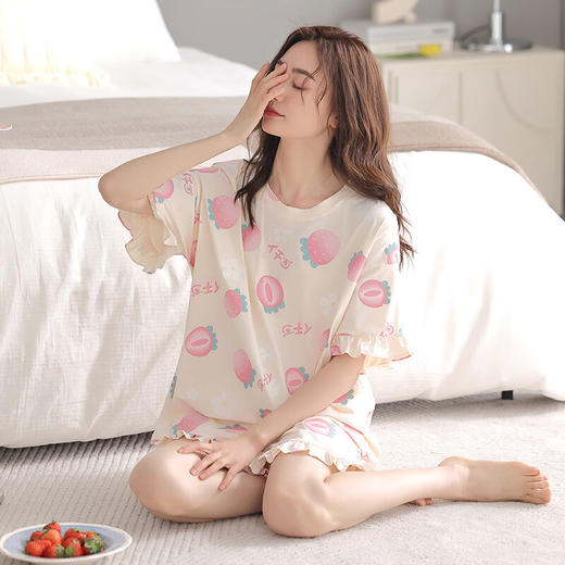 可人儿夏季纯棉短袖睡衣女士夏天薄款短裤少女外穿全棉家居服套装 杏黄色 M(女160) 商品图4