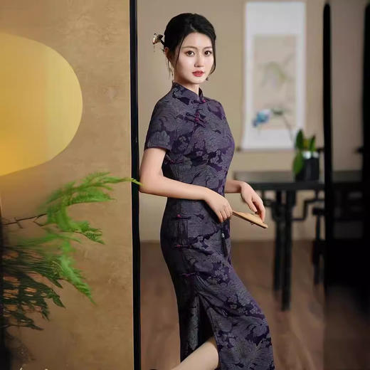 新中式国风浮雕感走秀旗袍连衣裙高腰显瘦立领长裙日常可穿 商品图1