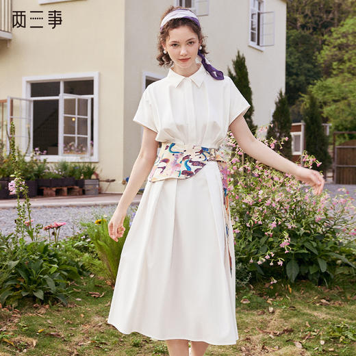 两三事隐于欢愉2024夏季新款简约印花腰封系带衬衫裙a字连衣裙 商品图0