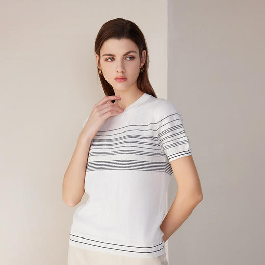 【白色黑条纹撞色毛衣】2024夏季新款时尚黑白条纹短袖毛衣 商品图1