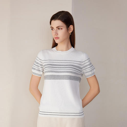 【白色黑条纹撞色毛衣】2024夏季新款时尚黑白条纹短袖毛衣 商品图3