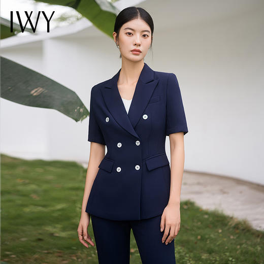 IWY/藏青色西装套装夏短袖高级商务修身女总裁ol两件套微喇裤正装C13215+P33215 商品图4