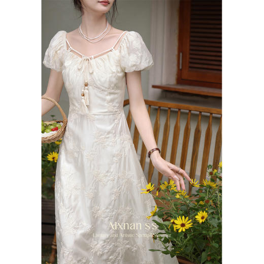 鹿向南「白玉映沙」短袖连衣裙新款女夏季气质显瘦法式长裙L36205-L36205-1 商品图3