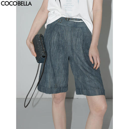 【有赞】COCOBELLA砂洗炒色亚麻短裤设计感双腰带牛仔风打褶裤SO0002 商品图0