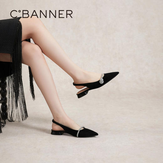 千百度绝美后空凉鞋女夏季低跟鞋羊皮通勤外穿尖头单鞋A24279306 商品图4