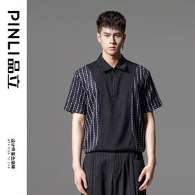 PINLI品立夏季新款斑马纹印花短袖POLO衫潮男拼接翻领休闲T恤B242112090