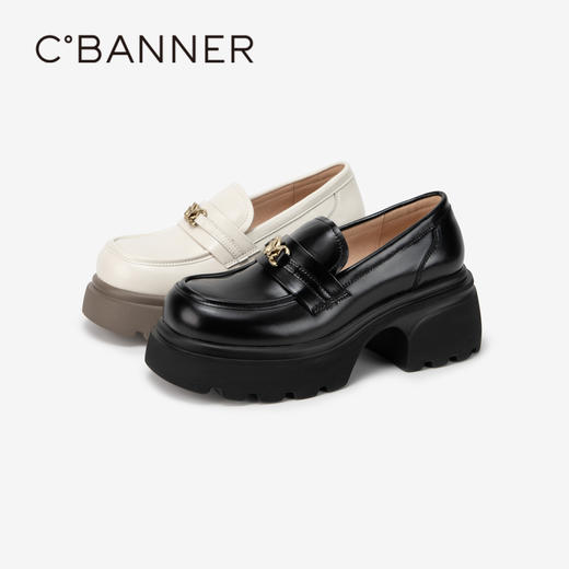 千百度厚底乐福鞋女春季小皮鞋粗跟增高单鞋A24165013 商品图1