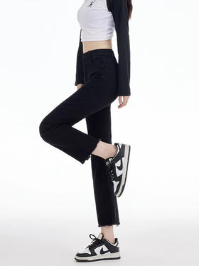 [高腰显瘦直筒法棍裤] 2025年新款夏季薄款高腰牛仔裤女百搭毛边法棍裤春装弹力显瘦黑色九分烟管裤