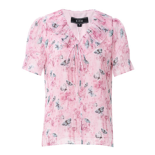 EITIE爱特爱夏季新款浪漫印花少女感V领系带直筒雪纺衫上衣B2413306 商品图5