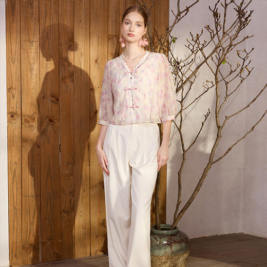 两三事皎月先行2024夏季新款简约米白色西装裤女宽松休闲裤 商品图1