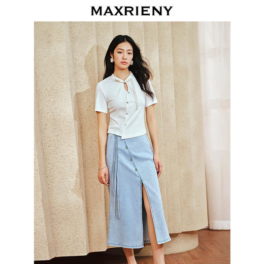MAXRIENY复古新中式开叉半裙2024夏季新款流苏盘扣小鱼尾裙子(货号:MS85SK258) 商品图1