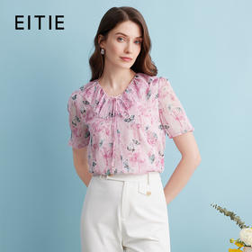 EITIE爱特爱2024夏季新款浪漫印花少女感V领系带直筒雪纺衫上衣B2413306