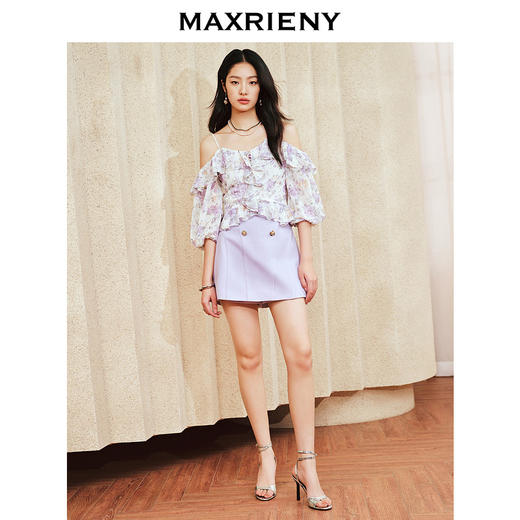 MAXRIENY仙美浪漫感吊带上衣一字肩荷叶边2024夏季新款修身显瘦女(货号:MS85TP048) 商品图1