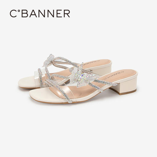 千百度蝴蝶结钻带凉拖鞋女夏季粗跟时尚绝美拖鞋可外穿A24332150 商品图1