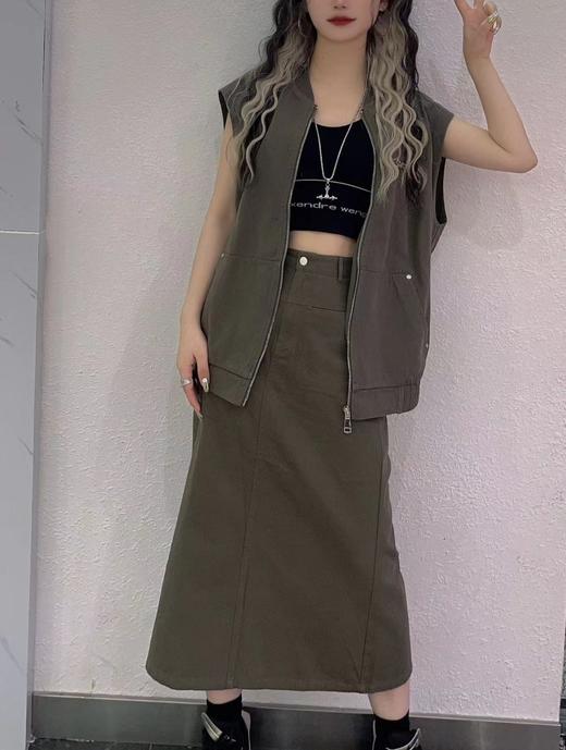 12GD大口袋无袖马夹搭高腰长半裙套装40205（绿） 春季 402321032105 商品图2