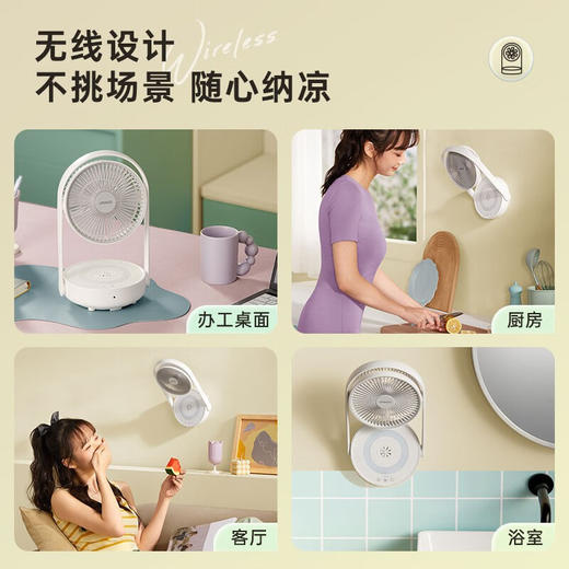 【风扇小夜灯香薰】七彩叮当（QICAIDINGDANG） 壁挂风扇桌面小风扇挂墙小型可折叠插电充电式户外带遥控小夜灯新款YY 白色 商品图4