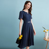 EITIE爱特爱夏季新款气质通勤镂空钉钻收腰压褶垂坠蓝色连衣裙B2407324 商品缩略图1