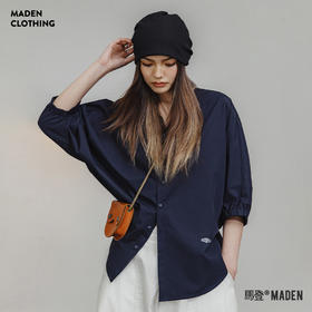 马登美式衬衫宽松上衣蝙蝠袖休闲透气立领外套可叠穿夏季女