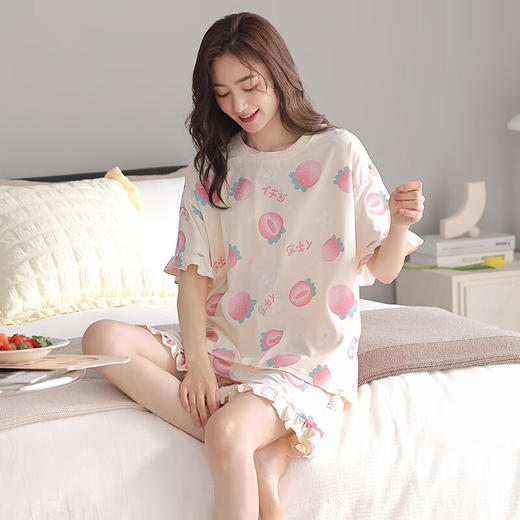 可人儿夏季纯棉短袖睡衣女士夏天薄款短裤少女外穿全棉家居服套装 杏黄色 M(女160) 商品图1