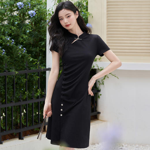 新中式国风温婉改良旗袍女夏季复古时髦小黑裙连衣裙V1341234 商品图0