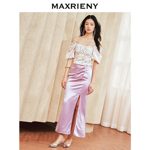 MAXRIENY复古浪漫感印花上衣一字肩吊带雪纺衫女修身显瘦2024夏款(货号:MS85TP022) 商品图1