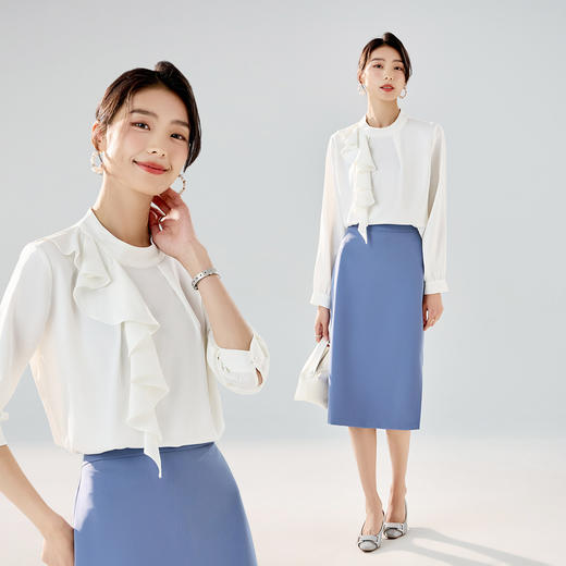 【圆领荷叶边】罗蒙女士长袖衬衫优雅简约商务日常套头衬衫女 商品图3