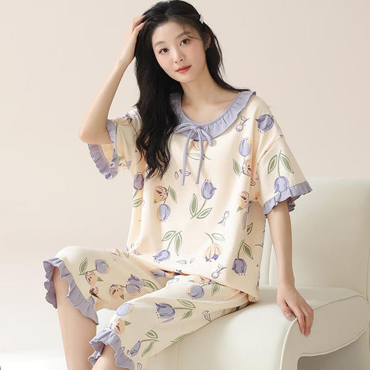 可人儿夏季睡衣女款2024新款纯棉带胸垫短袖七分裤全棉家居服套装 女款杏色 L(女165) 商品图4
