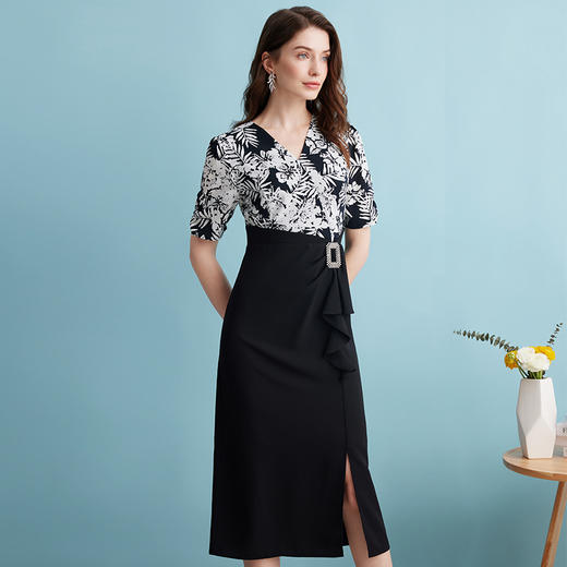 EITIE爱特爱夏季新款假两件印花收腰包臀开叉优雅通勤连衣裙B2407344 商品图2