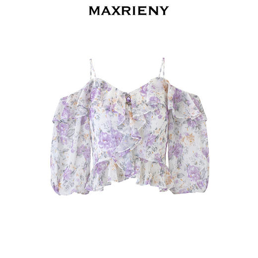 MAXRIENY仙美浪漫感吊带上衣一字肩荷叶边2024夏季新款修身显瘦女(货号:MS85TP048) 商品图4