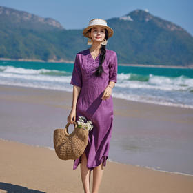 文艺亚麻刺绣，中袖长款连衣裙v领茶服袍子HS24811-1