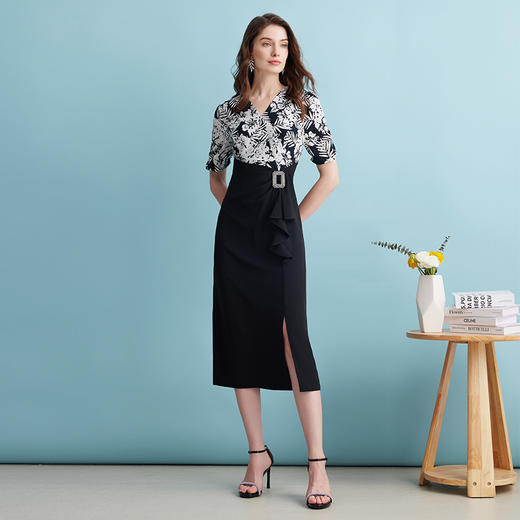 EITIE爱特爱夏季新款假两件印花收腰包臀开叉优雅通勤连衣裙B2407344 商品图3