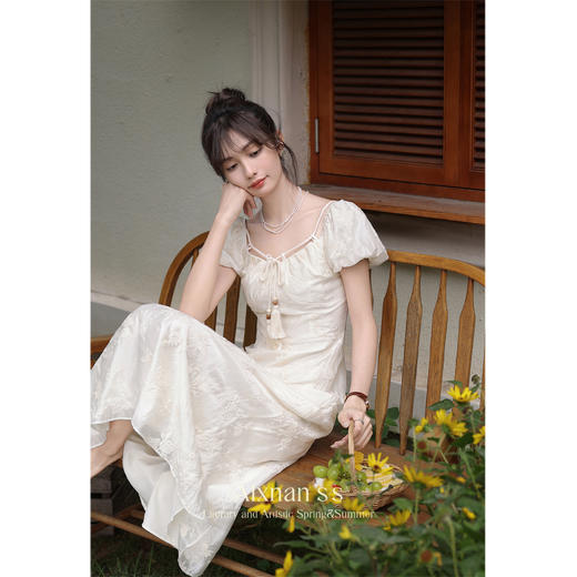 鹿向南「白玉映沙」短袖连衣裙新款女夏季气质显瘦法式长裙L36205-L36205-1 商品图4