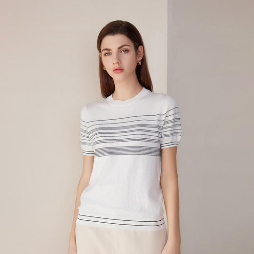 【白色黑条纹撞色毛衣】2024夏季新款时尚黑白条纹短袖毛衣 商品图2