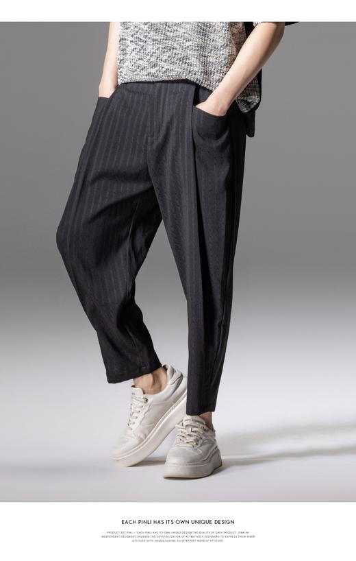 PINLI品立夏季新款竖条暗纹九分裤潮牌百搭直筒男条纹休闲裤B242117058 商品图0