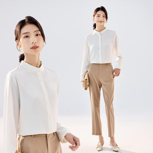 【简约优雅】罗蒙女士长袖衬衫舒适休闲商务百搭圆领开衫衬衫女 商品图3