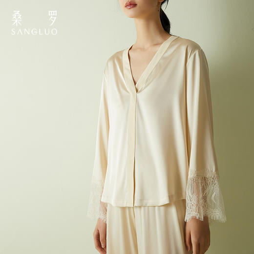 【新品】桑罗蕾丝拼接真丝睡衣套装女V领套头宽松显瘦舒适家居服春夏款 商品图1
