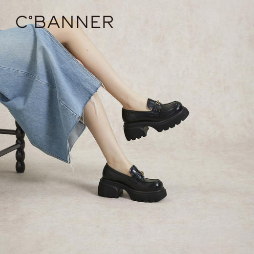 千百度厚底乐福鞋女春季小皮鞋粗跟增高单鞋A24165013 商品图4