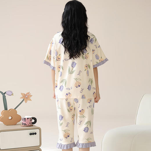 可人儿夏季睡衣女款2024新款纯棉带胸垫短袖七分裤全棉家居服套装 女款杏色 L(女165) 商品图5