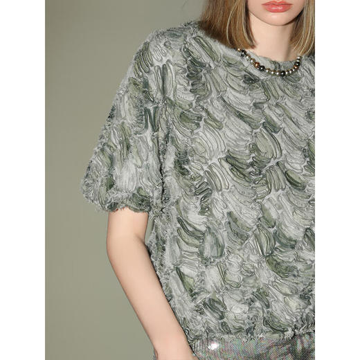 COCOBELLA立体盘花渐变网纱短袖上衣薄荷曼波风花苞袖上衣TS7002 商品图1