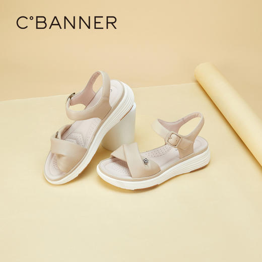 千百度羊皮休闲凉鞋女夏季厚底增高沙滩海边凉鞋A24317604 商品图1