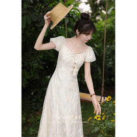 鹿向南「白玉映沙」短袖连衣裙新款女夏季气质显瘦法式长裙L36205-L36205-1