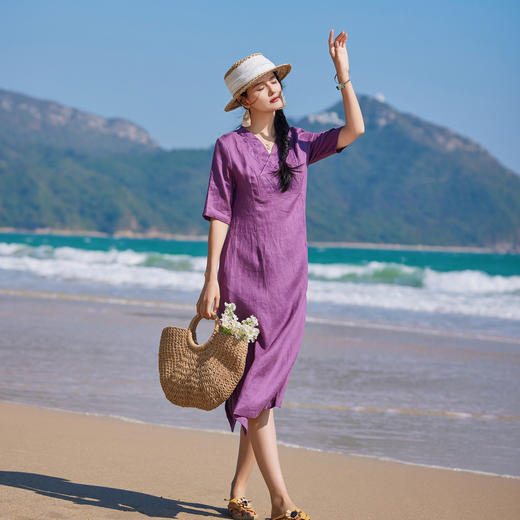 文艺亚麻刺绣，中袖长款连衣裙v领茶服袍子HS24811-1 商品图4