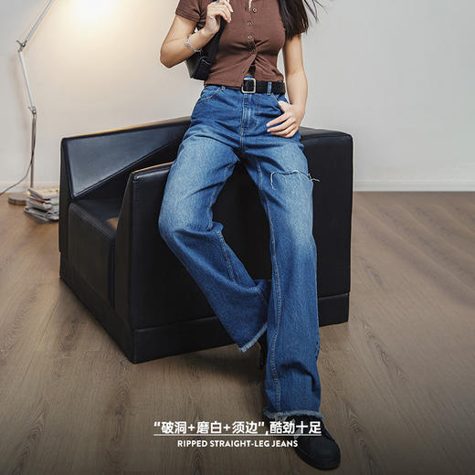 马登破洞丹宁水洗牛仔裤复古直筒裤子宽松休闲百搭垂感拖地长裤女 商品图2
