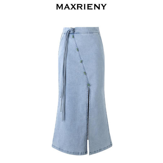 MAXRIENY复古新中式开叉半裙2024夏季新款流苏盘扣小鱼尾裙子(货号:MS85SK258) 商品图4